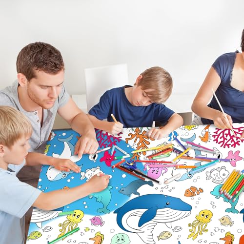 PartyGarden Ocean Under the Sea Coloring Tablecloth - Kids Birthday Party Supplies, 54x108 Inches