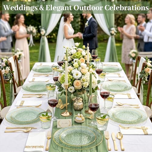 Sage Green Plastic Dinnerware Set for 25 Guests - 175 Pieces, Gold Rim & Hammer Pattern