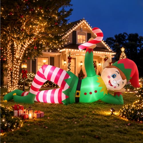 Green 10 FT Christmas Inflatable Lying Elf with Candy Cane Outdoor Yard Decor