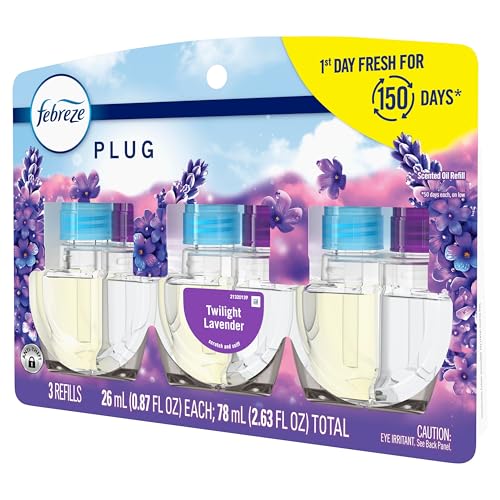Febreze Plug In Air Freshener, Odor-Fighting Scented Oil Refill, Air Fresheners for Home and Bathroom and Kitchen, Long Lasting for Strong Odors, Twilight Lavender Scent, 0.87oz Refills, 3 Count