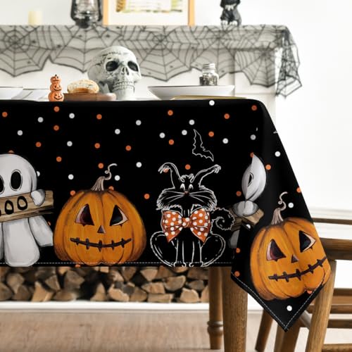 Halloween Tablecloth 60 x 84 Inch Rectangular Jack-O-Lantern Cat Design Black and Orange
