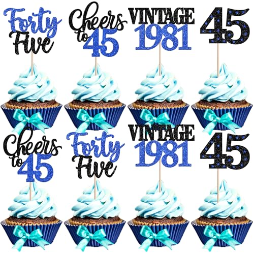 45th Birthday Cupcake Toppers Vintage 1981 Blue Party Picks 24 Pcs