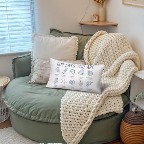 Bible Verse Seashell 12x20 Inch Throw Pillow Cover, Coastal Christian Decor