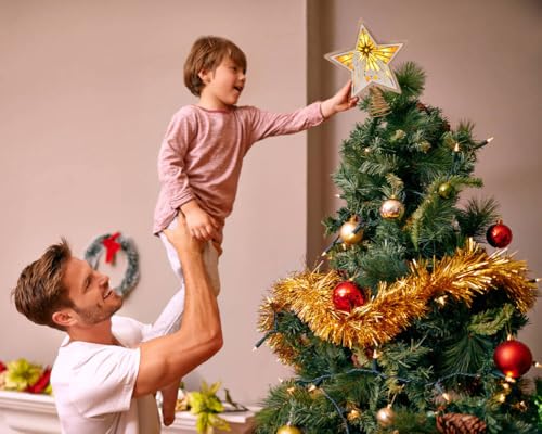 Christmas Star Tree Topper White Wooden 3D Glittered LED with Timer