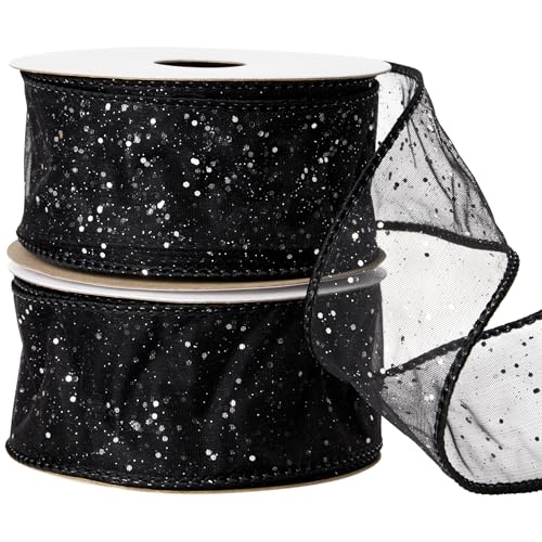 Offray 1.5" Wide Black Wired Cosmic Glitz Ribbon - 2 Spools, 6 Yards Total