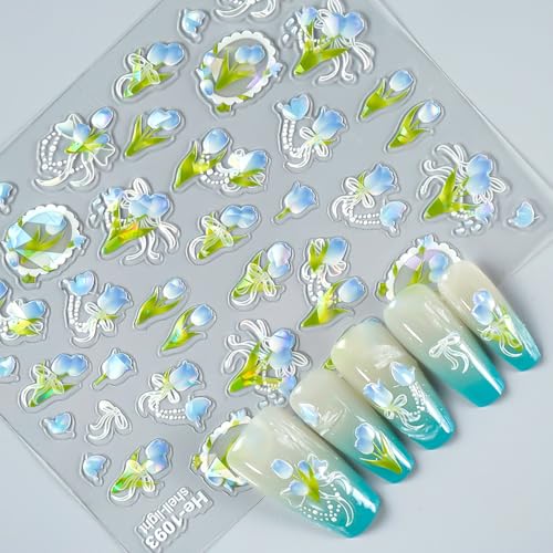Floral Nail Art Stickers 3 Sheets Embossed Tulip Spring Manicure Decals