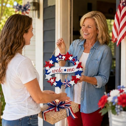 Patriotic Wooden 4th of July Door Sign - 12x12 Inch Star Decor
