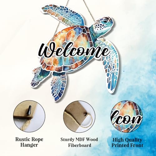 Sea Turtle Wooden Door Sign - Beach Decor Hanging Wall Art 12x10 Inch