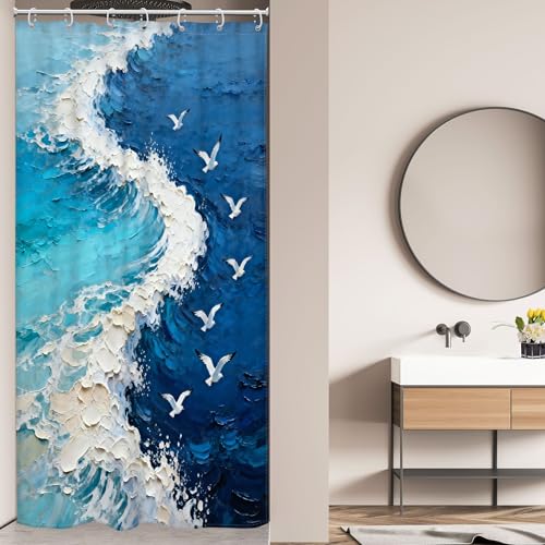 Waterproof Blue Teal Beach Wave Shower Curtain Set - 36" x 72"