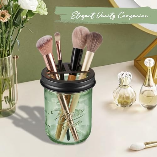 Green Mason Jar Toothbrush Holder with Stainless Steel Lid - Farmhouse Bathroom Organizer