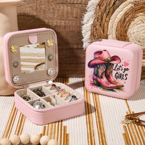 CEELGON Western Jewelry Box - Portable Travel Organizer, Pink Boots Print