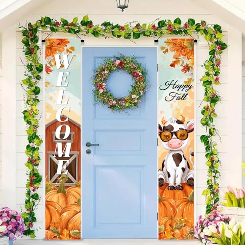 BlissYard Thanksgiving Porch Banner 12x71 Inch Cow Pumpkin Fall Decor