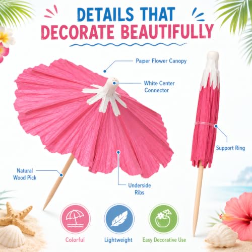 144 Assorted Hibiscus Paper Drink Umbrellas for Cocktails & Desserts