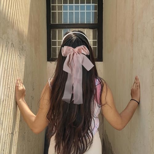 Firopia Pink Silk Hair Bow with Long Ribbons and Beads