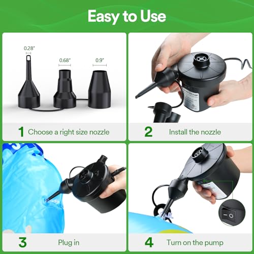 PULIDIKI Electric Air Pump for Inflatables - 3 Nozzles, Quick Inflation
