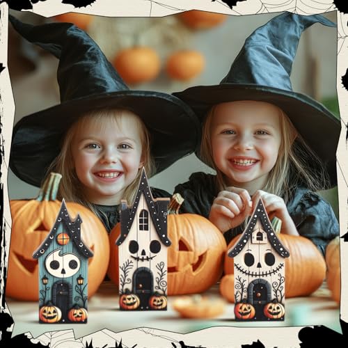 Haunted House Wooden Block Sign Set - 3 Pcs Halloween Table Decor