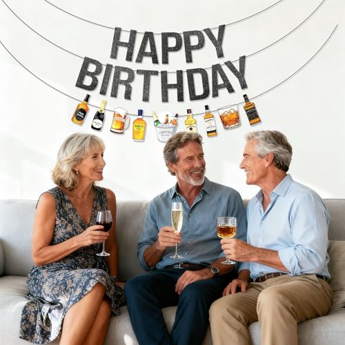 Black Glitter Happy Birthday Banner - Pre-Strung Beer & Whiskey Party Decor