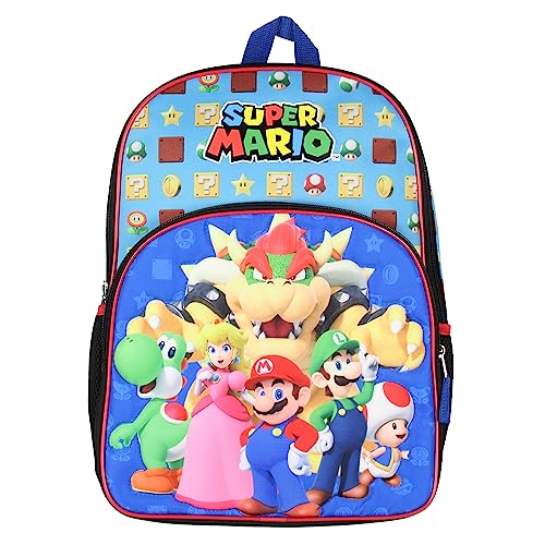 Super Mario Backpack Bowser Luigi Princess Peach Yoshi 16" Kids Bag School Travel Backpack With Quilted Front Design