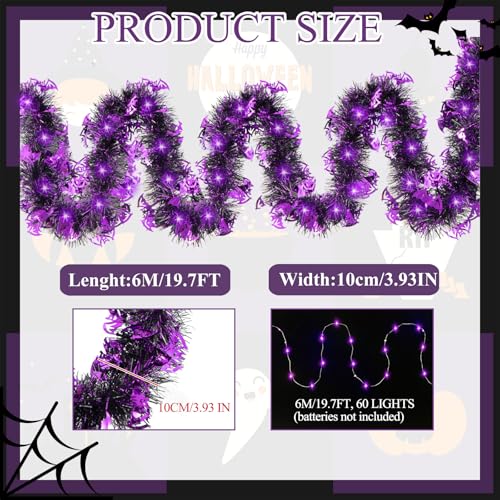 20FT Halloween Tinsel Garland with Purple LED Lights - Battery Operated