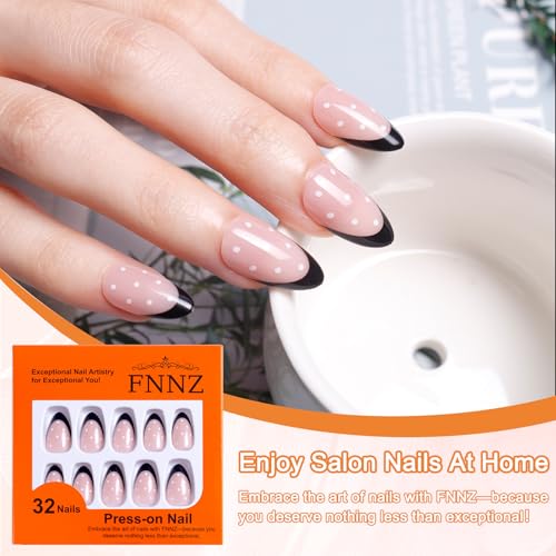 FNNZ Black French Tip Short Almond Press On Nails with Glue - 32Pcs