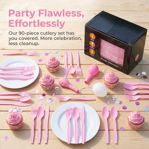 COSINIA 90-Piece Pink Disposable Cutlery Set, 6-Inch Heavy-Duty Flatware