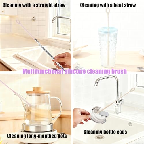 4PCS Reusable Silicone Straw Cleaner Brushes - Pink & Beige
