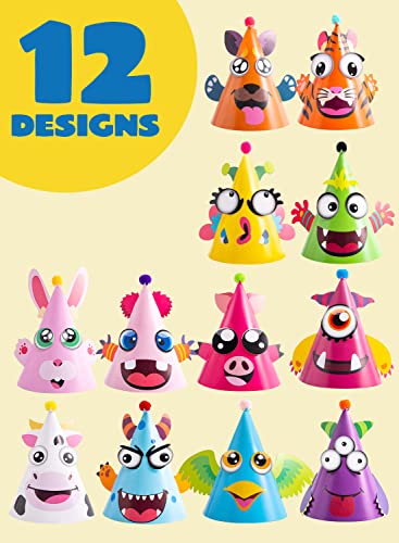 JOYIN 12 Sets Animal Theme Party Hats for Kids - Craft Activity Kits (5" x 5" x 7")