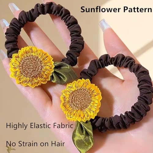 Brown Sunflower Scrunchies Hair Ties 4 Pcs, Elastic Ponytail Holders