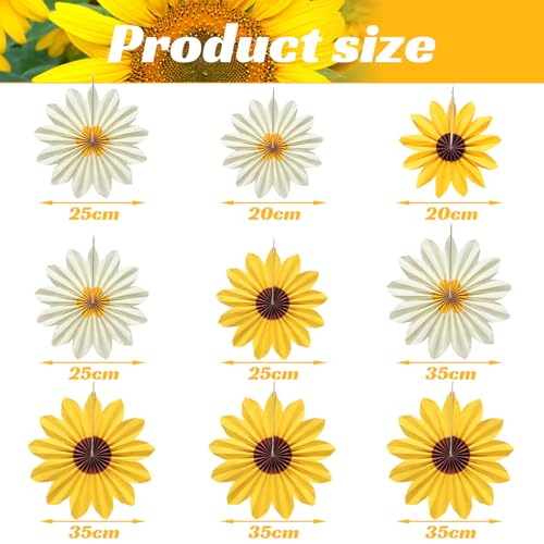 Sunflower Paper Fans - 9pcs Yellow Flower Decorations for Parties