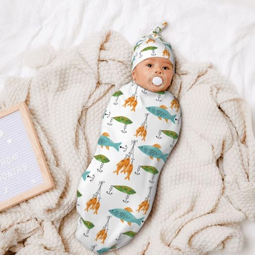 Fishing Swaddle Blanket and Beanie Hat Set for Newborns
