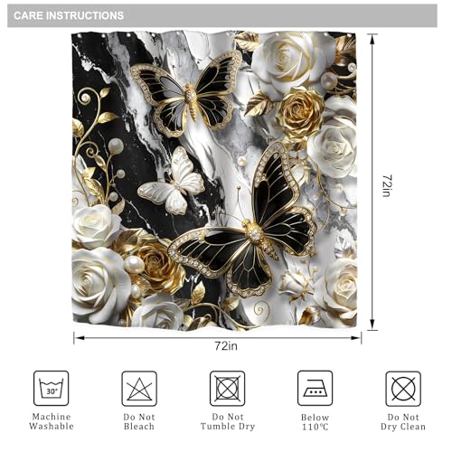 Riyidecor Black and Gold Marble Shower Curtain 72"x72" with Hooks