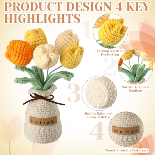 Crochet Tulip Bouquet Set - 4 Handmade Spring Flower Arrangements with Vase - 7 Inch