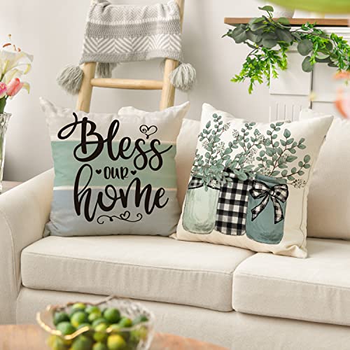 AVOIN colorlife 18x18 Inch Throw Pillow Covers - Blue Farmhouse Set of 4