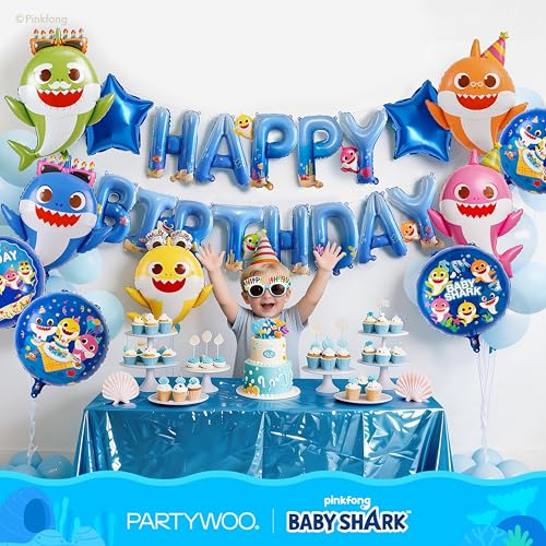 Blue Baby Shark Happy Birthday Banner Balloons - 16 Inch