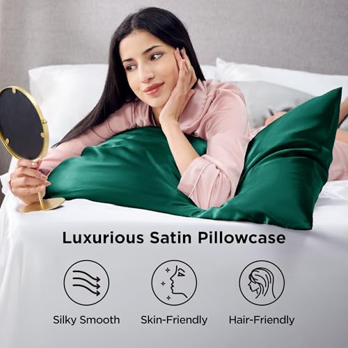 Bedsure Queen Satin Pillowcases Set of 2, Dark Green, 20" x 30"