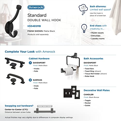 Amerock Adare Matte Black Double Prong Wall Hook - Stylish Entryway & Bathroom Organizer