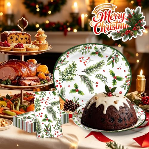 Christmas Oval Paper Plates and Napkins Set 50 Pcs - Holiday Party Supplies