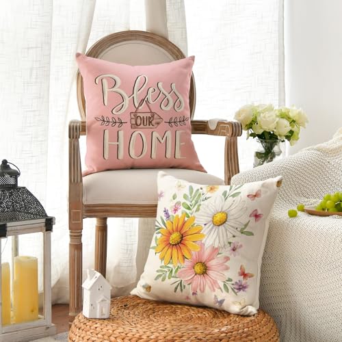 AVOIN colorlife Daisy Butterfly Throw Pillow Covers, 18x18 Pink, Set of 4