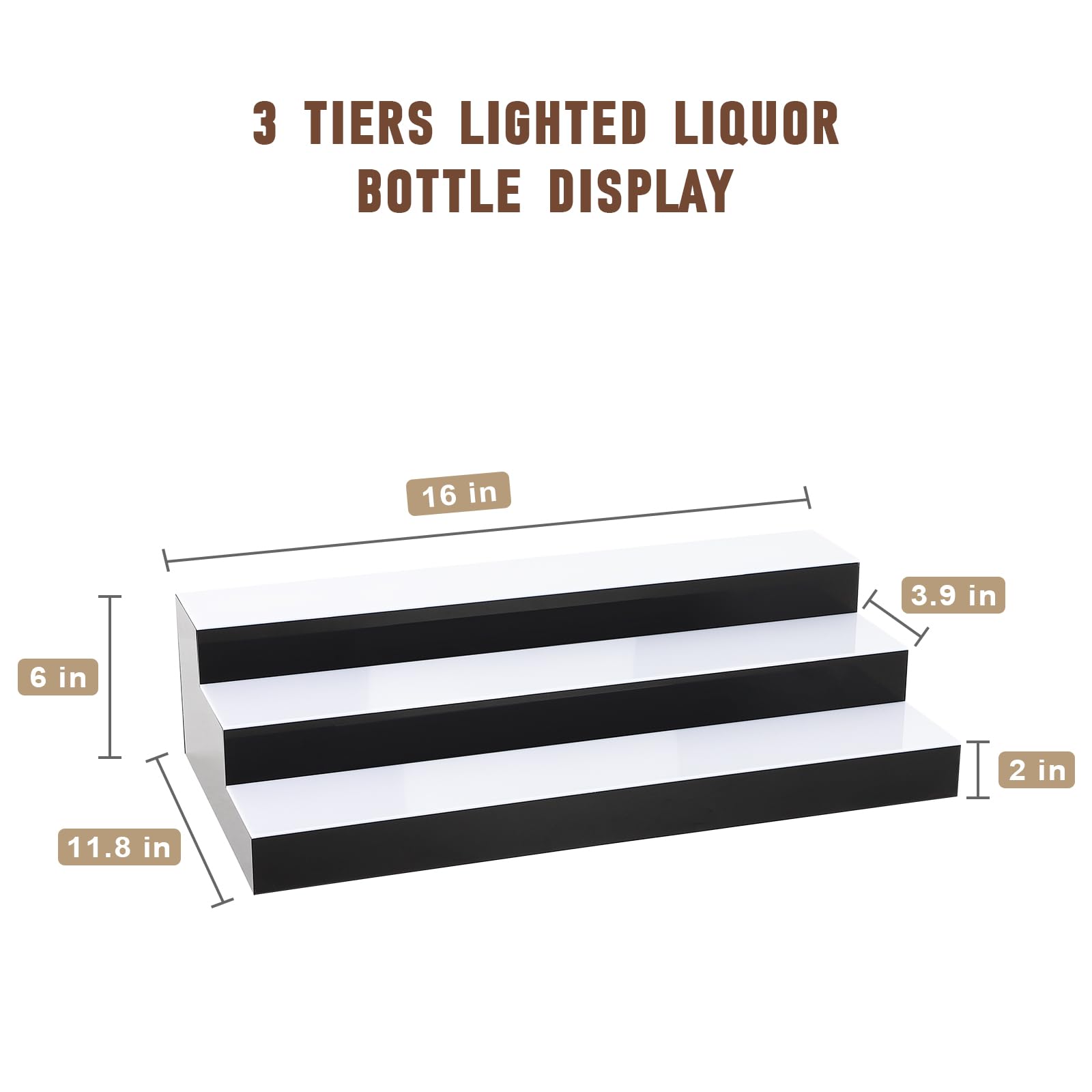 Dollate 3 Tiers 16 Inch LED Lighted Liquor Bottle Display, LED Tabletop Wine Shelves with RF Remote Control, Adjustable Lighting & Colors Liquor Storage Rack for Home Bar