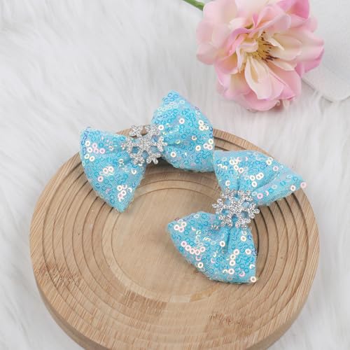 Blue Glitter Snowflake Hair Bow Clips Christmas Winter Barrettes 2Pcs