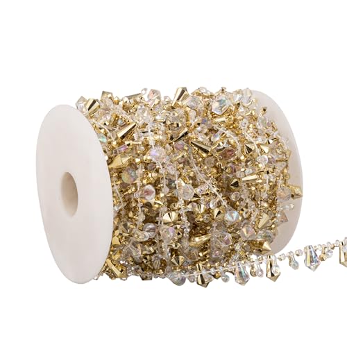 Crystal & Gold Bead Garland - 33 Feet Christmas Tree & Wedding Decor - Variation of 33Feet-Gold+Clear