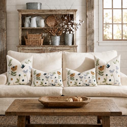 DEZENE Floral Embroidered Lumbar Pillow Cover 12x20 for Spring Decor