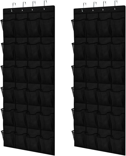 GORILLA GRIP Over The Door Shoe Organizer - 2 Pack With 24 Breathable Mesh Pockets | Space-Saving Storage Solution, Black