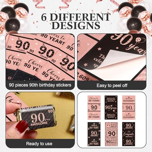 90th Birthday Candy Wrappers - 90 Pcs Pink Stickers for Party