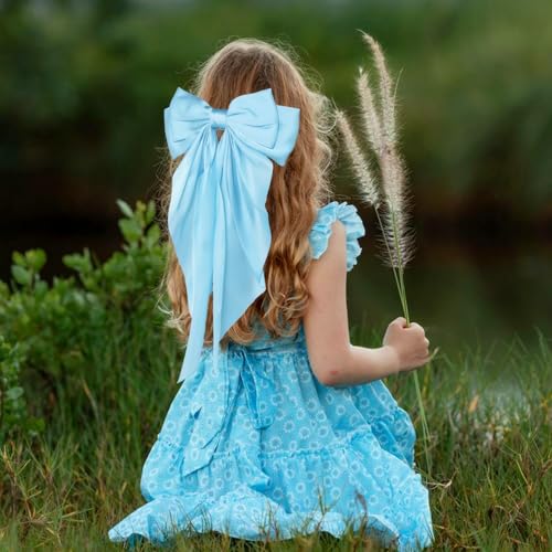 JOYRUBY 2PCS Silky Satin Blue Hair Bows with Long Tail French Barrettes