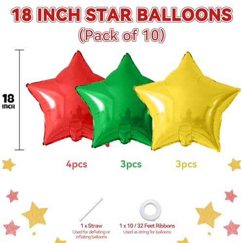 Red Green Gold Star Foil Balloons - 10PCS 18 Inch Metallic Party Balloons, Helium & Air, Xmas Birthday Decoration