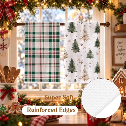 Retro Tree Snowman Hand Towels - Buffalo Plaid Christmas Kitchen Towels - Set of 2
