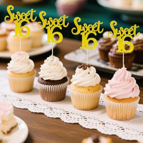 12 PCS Sweet 16 Glitter Cupcake Toppers – Yellow Cake Decorations