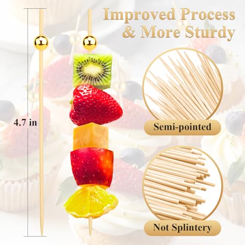FATLODA 300PCS Gold Pearl Cocktail Picks - Elegant Bamboo Skewers