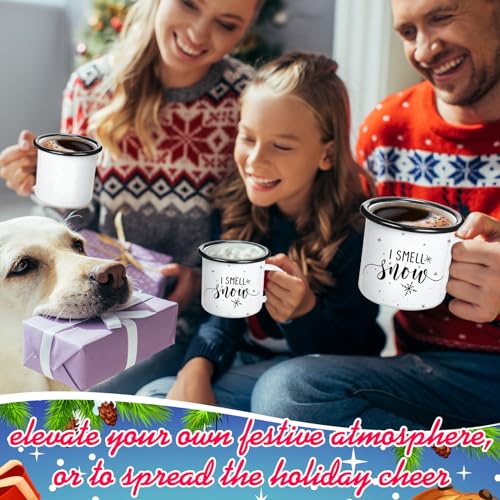Set of 6 Enamel Christmas Mugs - Snowflake Winter Coffee Cups